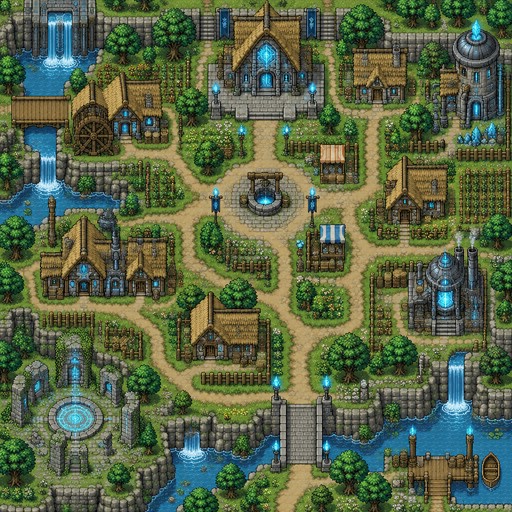 Futuristic Medieval Fantasy Village — Top-Down Pixel Art

Create a detailed 2D top-down pixel art game environment inspired by classic 16-bit RPG games. The scene is a futuristic medieval village, viewed directly from above, with the same layout and visual readability as a classic top-down RPG village map.

Include medieval wooden houses with thatched roofs, stone walls, wooden fences, dirt paths, trees, grass, a central village well, small bridges and village decorations. Mix medieval architecture with futuristic sci-fi technology: glowing cyan blue crystals, neon blue energy lamps, holographic signs, metallic pipes, advanced machinery, glowing runes and ancient technological ruins integrated into the buildings.

Use a vibrant green, earthy and warm color palette combined with electric blue and cyan futuristic lighting. Detailed pixel art, crisp square pixels, clean outlines, charming retro RPG aesthetic, consistent pixel scale, carefully designed environment tiles, readable paths and buildings, high-quality game background.

Camera: strict top-down view, approximately 90 degrees from above.

Composition: a complete village map with multiple buildings distributed across the scene, open walkable paths, grass patches and environmental details.

Important: environment only, no characters, no text, no interface, no perspective camera, no realistic 3D graphics. Designed for a 2D top-down RPG game.