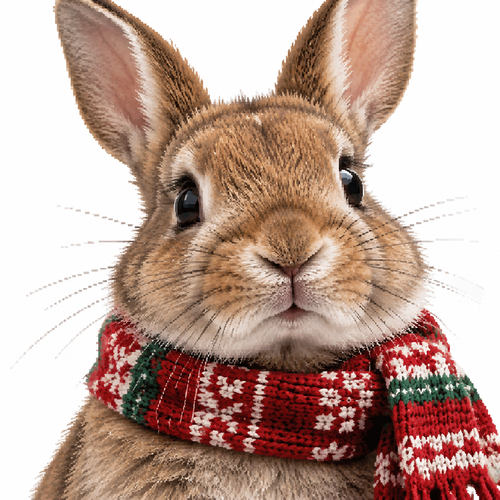 Close up image of a Photo, realistic bunny, and a Christmas scarf. High contrast white background.