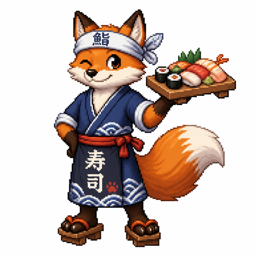 Cartoon sushi fox, full body, white background