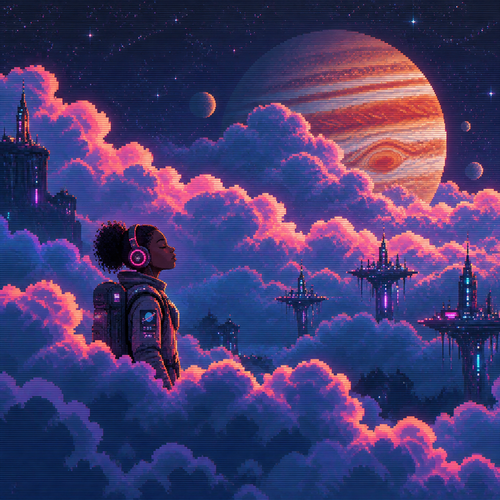 Profile of Young dark skin astronaut girl with headphones and eyes closed standing surrounded by a Lot of puffy clouds with jupiter behind ghe clouds sedn from a disantace