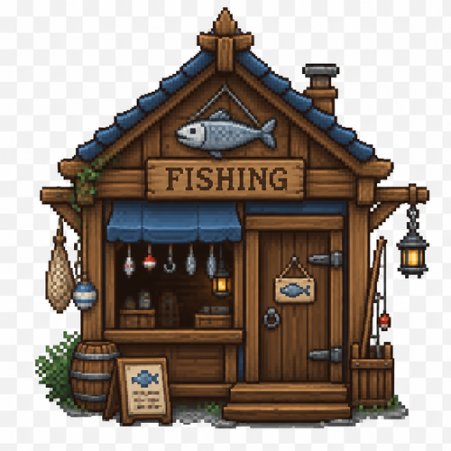 Can you generate me a fantasy style medieval 64x64 pixeled fishing shop front view on a completely transparent background. I want the store to be wooden with small wooden details. Add some decorations around the outside.