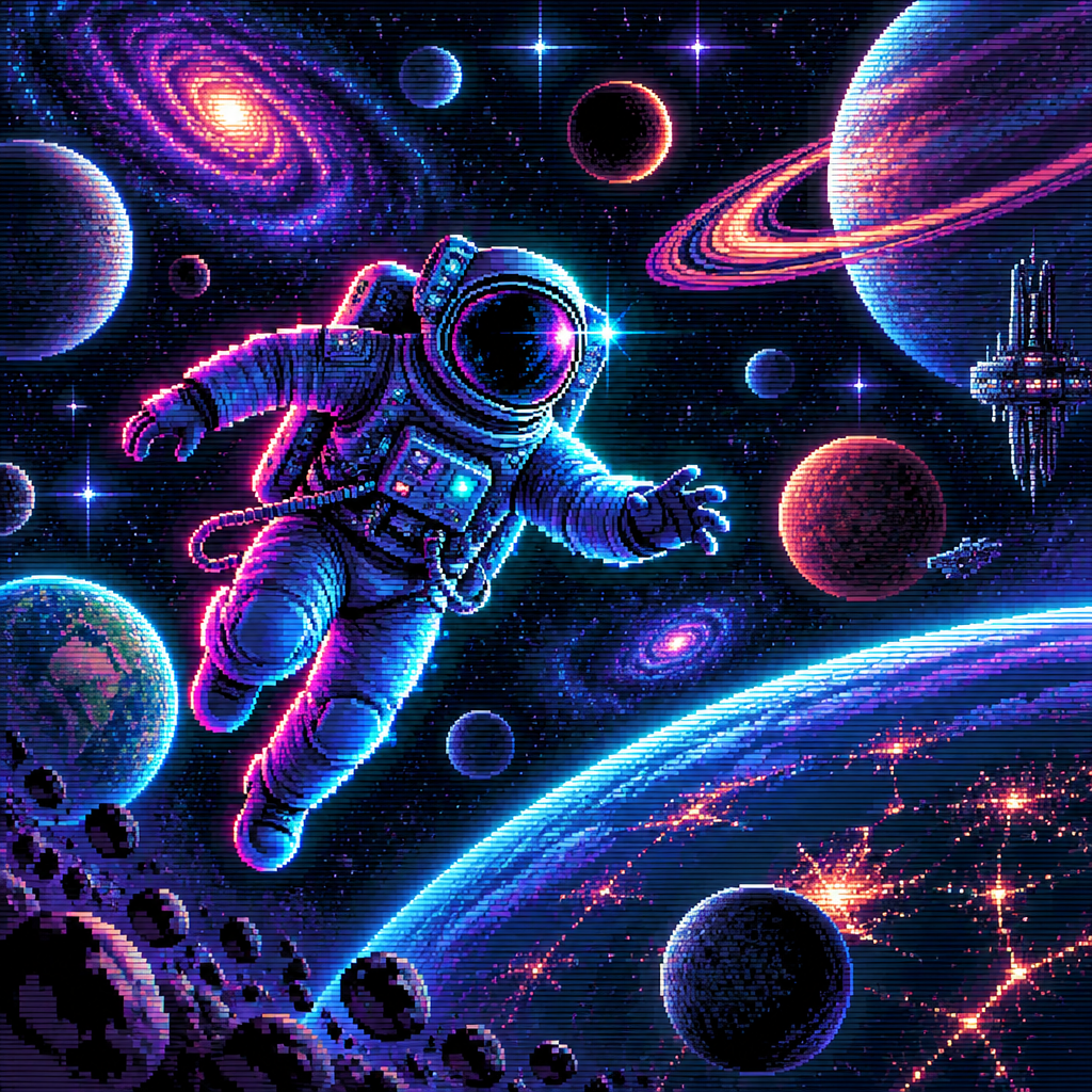 Astronaut floats in space with many planets