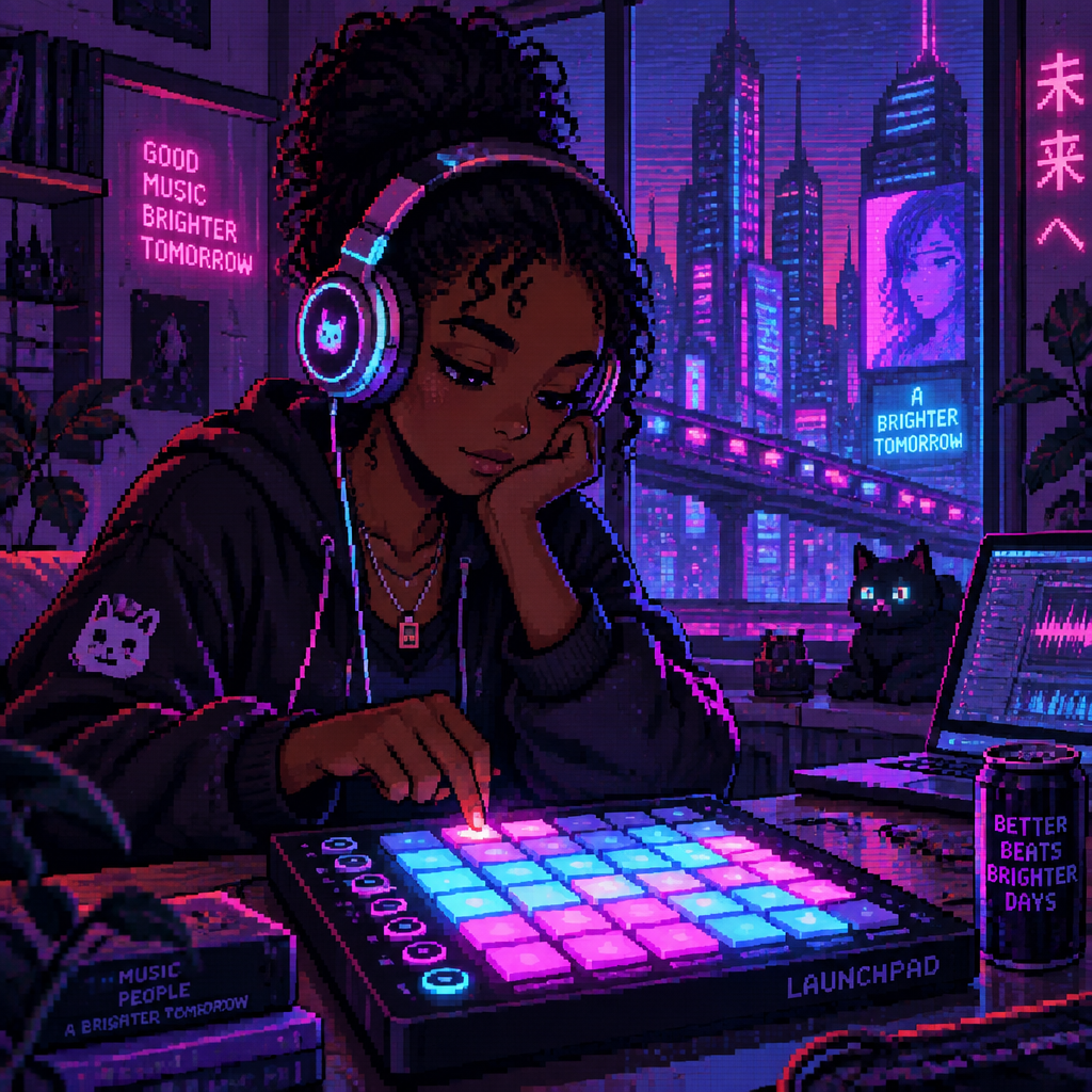 A young dark skin girl listens to music in headphones on a Launchpad