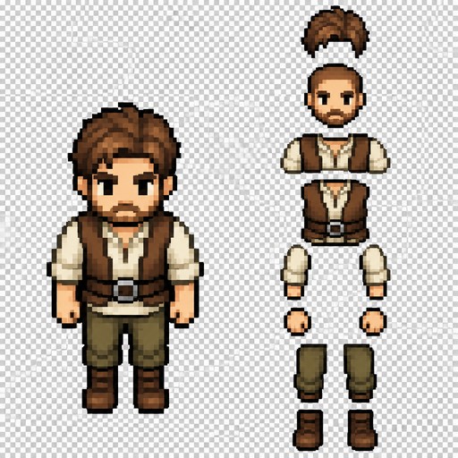 Pixel art sprite sheet for a top-down RPG. Canvas 64×128 px (width×height), transparent background. Style: 16-bit pixel art, limited palette of 10–12 colors, hard pixels, no anti-aliasing, no semi-transparent shadows, no gradients, no blur. Aligned pixel grid.

Character: commoner, adult male, full body, strictly symmetrical, facing straight forward, looking directly at the viewer. Gaze directed at the camera, not to the side, not down-right, not at 4 o’clock. Head not turned left or right. Body not rotated. Both eyes at the same level, nose centered, shoulders symmetrical. View: elevated top-down / 3/4 top-down by camera only — camera slightly above, but the character remains front-facing; top of head slightly visible, face fully open and symmetrical.

Clothing: linen shirt, brown vest or wide belt, simple pants, leather boots.

Composition: left half (x 0–31) — full-body character. Right half (x 32–63) — separate body part sprites of the same character, stacked vertically from top to bottom: hair, head, shoulders, torso, arms, hands, legs, feet. Body parts match the character’s colors and proportions. Each element separated by a 2–4 px transparent gap, not clipped by canvas edges. No text, labels, frames, decorative background. High readability when zoomed in.

Negative prompt:
text, letters, watermark, signature, frame, background, landscape, ground shadow, blur, anti-aliasing, gradients, semi-transparency, 3D, realism, anime, perspective, side view, profile, three-quarter view, 3/4 view, isometric, turned head, rotated body, looking to the side, looking at 4 o’clock, one eye visible, asymmetrical face, asymmetrical shoulders, clipped parts, extra limbs, distorted proportions.