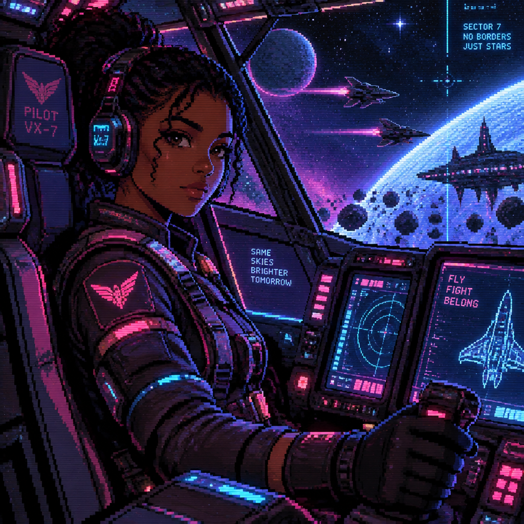 A young girl star fighter (with dark skin)pilot sits in her pilot chair in space