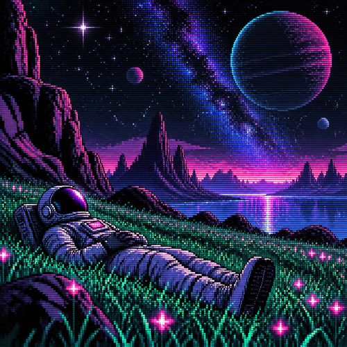 Astronaut lays in the grass on an alien world with stars overhead