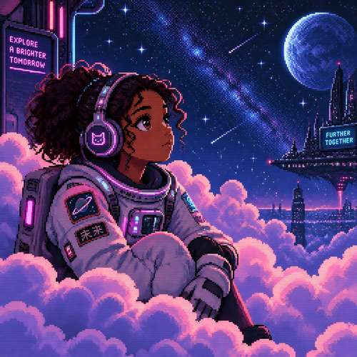 A young teen girl astronaut with brown skin and headphones is surrounded by fluffy clouds at night. Many stars are in background 