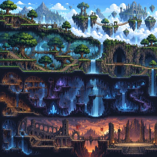Tạo một bản đồ game 2D side-scrolling adventure combat dạng pixel art cao cấp, thiết kế như một level game thương mại.

Kích thước tổng thể khoảng 800×800, bản đồ rộng và có nhiều khu vực liên kết với nhau. Góc nhìn side-view ngang, nhân vật sẽ di chuyển chủ yếu từ trái sang phải.

Bố cục level:

1. Khu vực bắt đầu: một vùng đất xanh, rừng nhỏ, đường mòn và vài vách đá.
2. Khu rừng: nhiều cây, bụi cỏ, đá, nền đất nhiều tầng, có các platform để nhảy.
3. Khu vực ĐẢO BAY: một hoặc nhiều hòn đảo nổi trên bầu trời, có mây bao quanh, thác nước chảy xuống từ đảo, cầu hoặc platform nối giữa các đảo.
4. Lối xuống hang động: một hang lớn nằm trong vách núi.
5. HANG ĐỘNG: không gian tối, đá nhọn, tinh thể phát sáng, vực sâu, nhiều platform và đường đi bí mật.
6. Khu vực cuối: một vùng đất cổ đại với kiến trúc đổ nát, tạo cảm giác nguy hiểm và chuẩn bị cho boss.
7. Boss arena: một khu vực rộng, phẳng, dễ chiến đấu, có không gian cho boss di chuyển.

Thiết kế gameplay:

* Có đường đi chính rõ ràng từ trái sang phải.
* Có đường đi phụ và khu vực bí mật.
* Có platform ở nhiều độ cao.
* Có vực sâu và chướng ngại vật.
* Có các khu vực phù hợp để đặt quái.
* Các khu vực phải có landmark rõ ràng để người chơi không bị lạc.
* Chuyển cảnh giữa các biome tự nhiên, không bị ghép ngẫu nhiên.
* Bố cục phải có cảm giác được con người thiết kế, không phải map procedural ngẫu nhiên.

Phong cách:

* Pixel art game 2D chất lượng cao.
* Pixel rõ, sắc nét, không blur.
* Chi tiết môi trường phong phú.
* Màu sắc đẹp, có chiều sâu.
* Lighting và shadow đẹp.
* Silhouette rõ ràng.
* Phong cách fantasy adventure.
* Đồng nhất giữa tất cả khu vực.

Không tạo:

* chữ
* UI
* menu
* logo
* watermark
* nhân vật
* quái vật
* icon
* khung ảnh

Chỉ tập trung vào ENVIRONMENT và LEVEL MAP.
Hãy tạo hình ảnh sao cho có thể dùng làm concept để sau đó dựng thành map game thật.