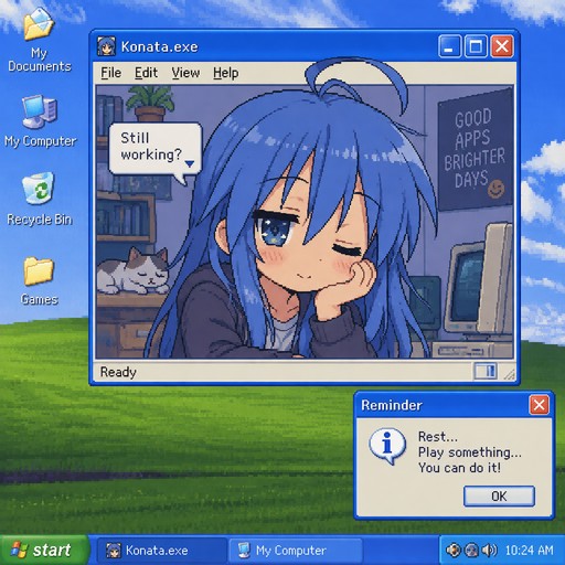 a character with window XP element on background, like the character is one window tab