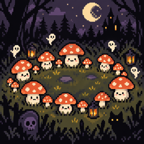 Spooky cute Kawaii mushroom fairy ring