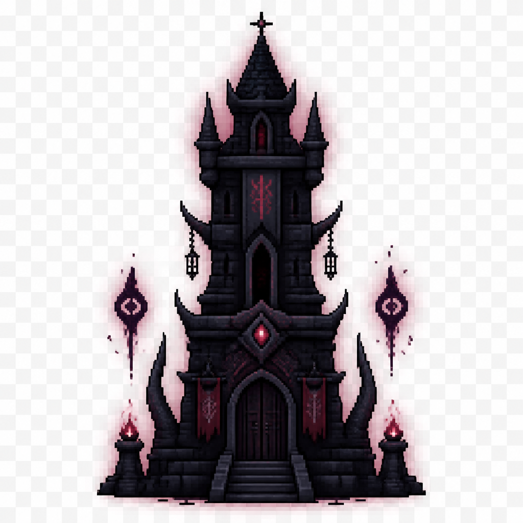 Can you generate me a fantasy style medieval 64x64 pixeled dark wizard tower front view on a completely transparent background. I want the tower to be dark stone with a very subtle dark red hue aura around it. I want some dark magical decorations around it.