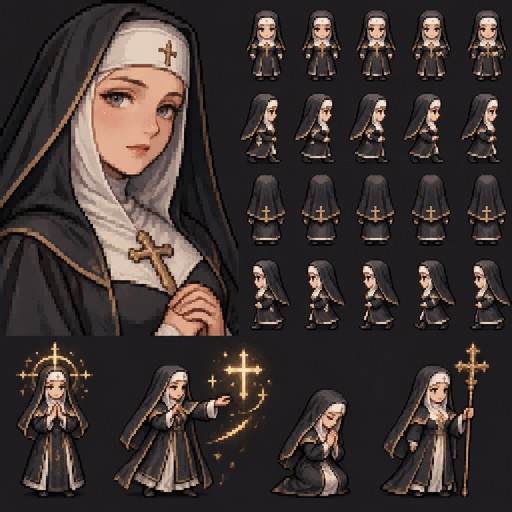 64x64 medieval nun sprite, attractive but still nun-ish