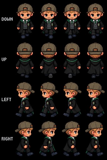 Pixel art person displayed in down, up, left, and right views on a dark background.