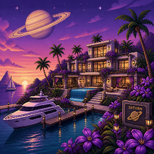 Tropical luxury villa in paradise with a yacht park in the front and the planet saturn symbol visibly on the picture make the flowers around purple 
