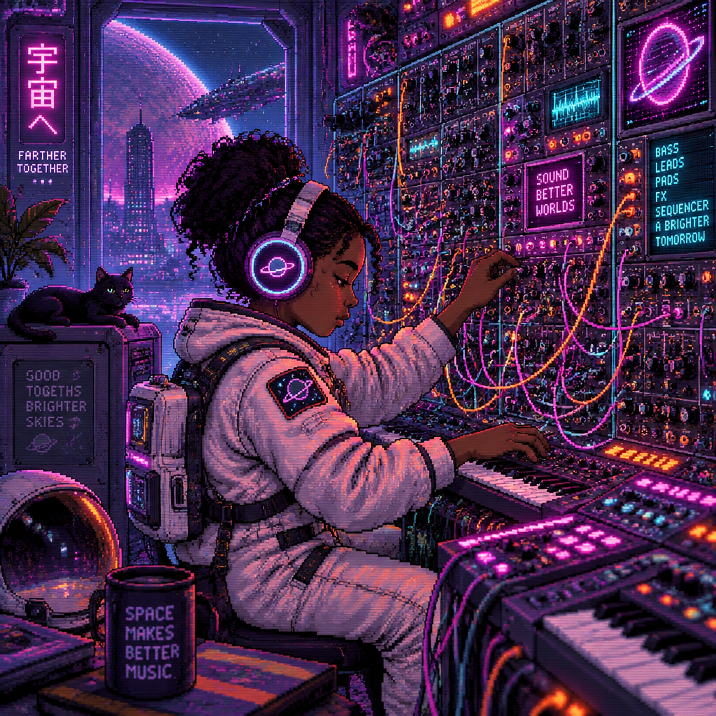 A young girl astronaut with dark skin and headphones plays a huge modular synthesizer