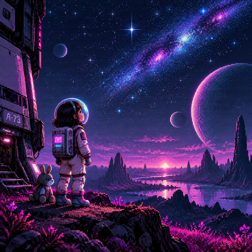 Little girl astronaut on an alien world looking up at stars hopefully