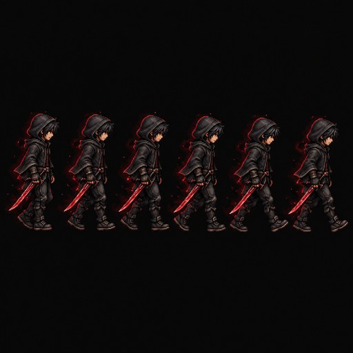 Create a 16-bit pixel art character sprite sheet based on SNES jrpg gaming. The sprite sheet should feature a male warrior, wearing a black hoodie and pants, with a red blade, and a slight crimson aura surrounding him. It should have a side view walking. Create 6 frames of walking animation