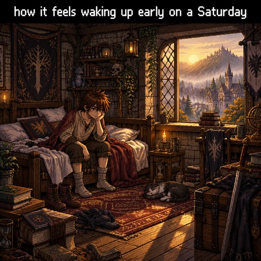 Detailed handcrafted retro fantasy pixel art, a young adventurer waking up extremely early on a Saturday morning inside a cozy medieval fantasy bedroom. Soft golden morning sunlight comes through the window, illuminating the wooden floor, messy blankets, pillows, books, clothes, and small fantasy decorations. The character sits on the edge of the bed looking tired and confused, realizing they woke up way too early despite having no school. Outside the window is a peaceful fantasy village with morning fog, rooftops, trees, and distant mountains.

EXTREMELY DETAILED PIXEL ART, tiny individual visible pixels, dense pixel clusters, crisp hard pixel edges, strong pixel-by-pixel shading, detailed dithering, rich but limited color palette, nostalgic 16-bit fantasy RPG aesthetic, highly detailed environment, natural warm morning lighting. No smooth digital painting, no blurry pixels, no 3D, no photorealism, no painterly AI look.

At the very top of the image, create a clean solid black horizontal rectangle spanning the entire width. Keep it completely separate from the artwork with a perfectly straight boundary.

Inside the black rectangle, centered in large clean white pixel-style lettering, write EXACTLY:

"how it feels waking up early on a Saturday"

Make the text large, centered, perfectly readable, and spelled exactly. No other text anywhere.