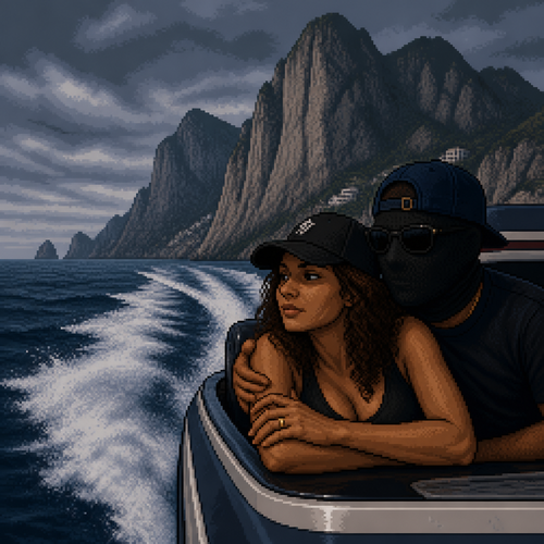 wide outdoor cinematic scene, speedboat on dark blue water, towering rocky cliffs in the background, wake and sea spray visible behind the boat, tan-skinned Hispanic woman with curly brown hair wearing a black baseball cap, leaning forward over the boat's edge with arms crossed, wedding ring visible on her hand, man wearing a plain black balaclava-style mask covering his entire head and face, two simple round eye holes, dark sunglasses over the mask, navy baseball cap worn backward, arm wrapped around the woman, both leaning on the boat's ledge looking outward, overcast moody lighting, cool blue-grey tones, dynamic sense of motion from the boat's wake, 16-bit pixel art, dithered shading, limited color palette, hard pixel edges, retro game aesthetic, cinematic wide framing