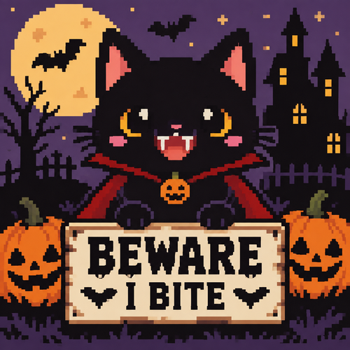Cute kawaii Halloween imagery with text Beware I bite 