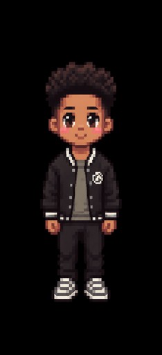 Pixel art of a person wearing a dark jacket, pants, and sneakers.