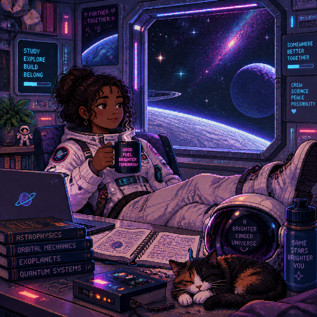 An young girl astronaut with brown skin relaxing with a coffee after studying on a space ship with stars out the window