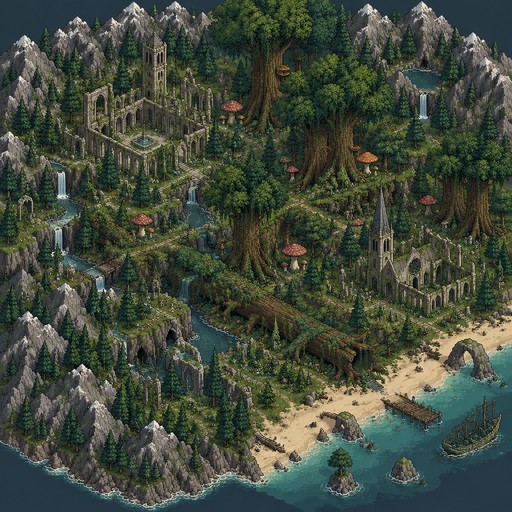 isometric pixel art of a forest region with giant forest trees, mossy ruined monastery and mossy ruined church, giant mushrooms, giant logs, bordered by mountains that surround most of it with beach in the space thats not bordered