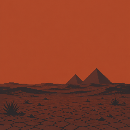 flat matte illustration, dusk over rolling sand dunes with two pyramids in silhouette on the horizon, dry cracked desert floor, strictly limited color palette (2-3 tones maximum): burnt sienna and charcoal only, no other hues, sparse desert scrub, empty of people and animals, large open sky for overlay, no text