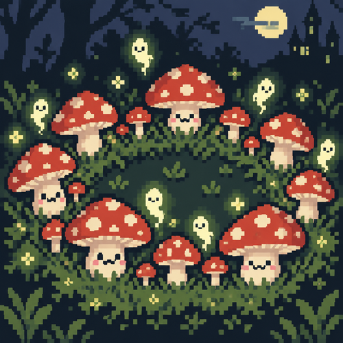 Spooky cute kawaii close up of a mushroom fairy ring