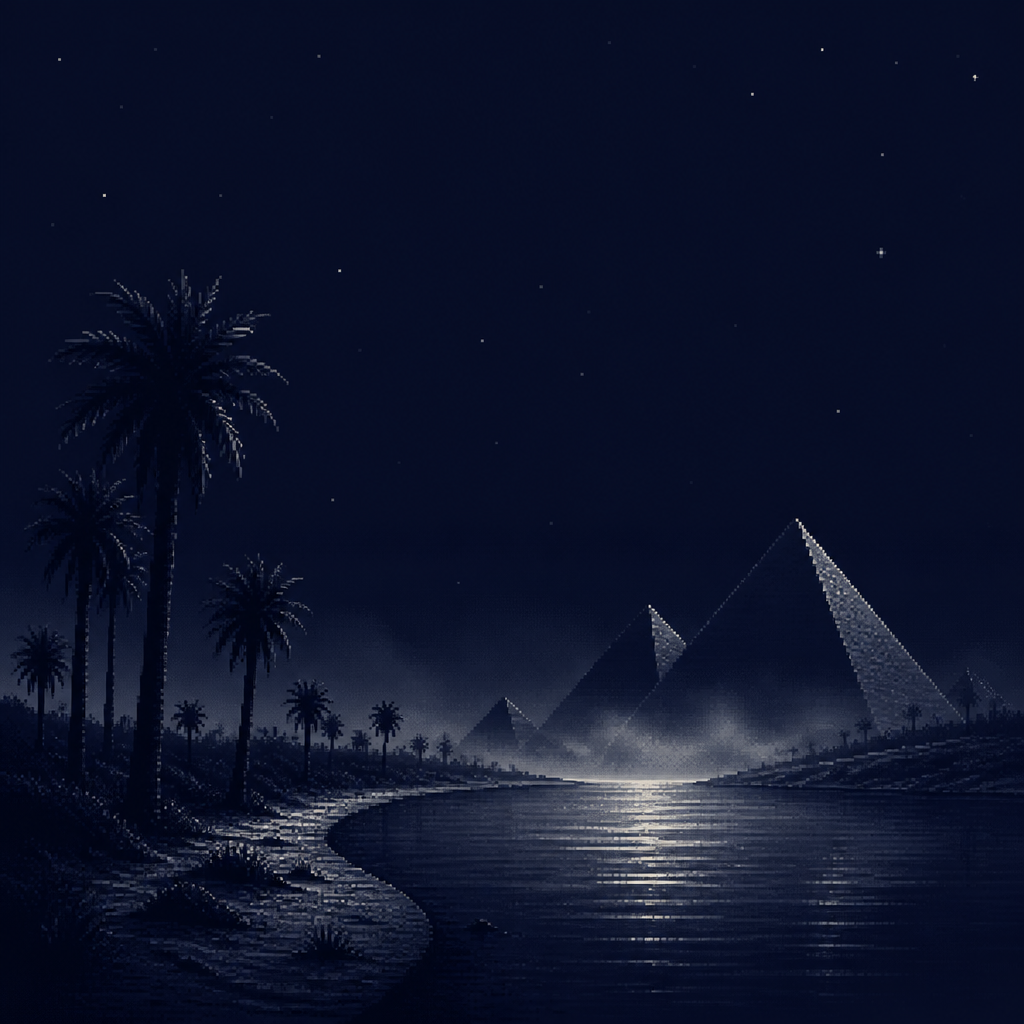 dark moody digital painting, deep night over a curving river lined with tall palms, pyramid
silhouettes across the water, strictly limited color palette (2-3 tones maximum): midnight
blue and bone white only, no other hues, soft mist rising off the river, scattered stars,
empty of people and animals, vast open negative space in the sky, no text, 18-bit pixel retro aesthetic