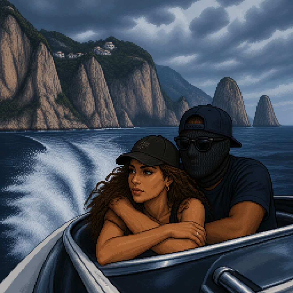 wide outdoor cinematic scene, speedboat on dark blue water, towering rocky cliffs in the background, wake and sea spray visible behind the boat, tan-skinned Hispanic woman with curly brown hair wearing a black baseball cap, leaning forward over the boat's edge with arms crossed, wedding ring visible on her hand, man wearing a plain black balaclava-style mask covering his entire head and face, two simple round eye holes, dark sunglasses over the mask, navy baseball cap worn backward, arm wrapped around the woman, both leaning on the boat's ledge looking outward, overcast moody lighting, cool blue-grey tones, dynamic sense of motion from the boat's wake, 16-bit pixel art, dithered shading, limited color palette, hard pixel edges, retro game aesthetic, cinematic wide framing