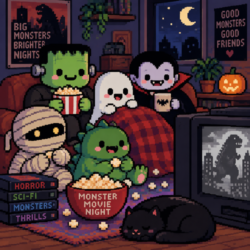Cute kawaii monster movie night. Medium detail 