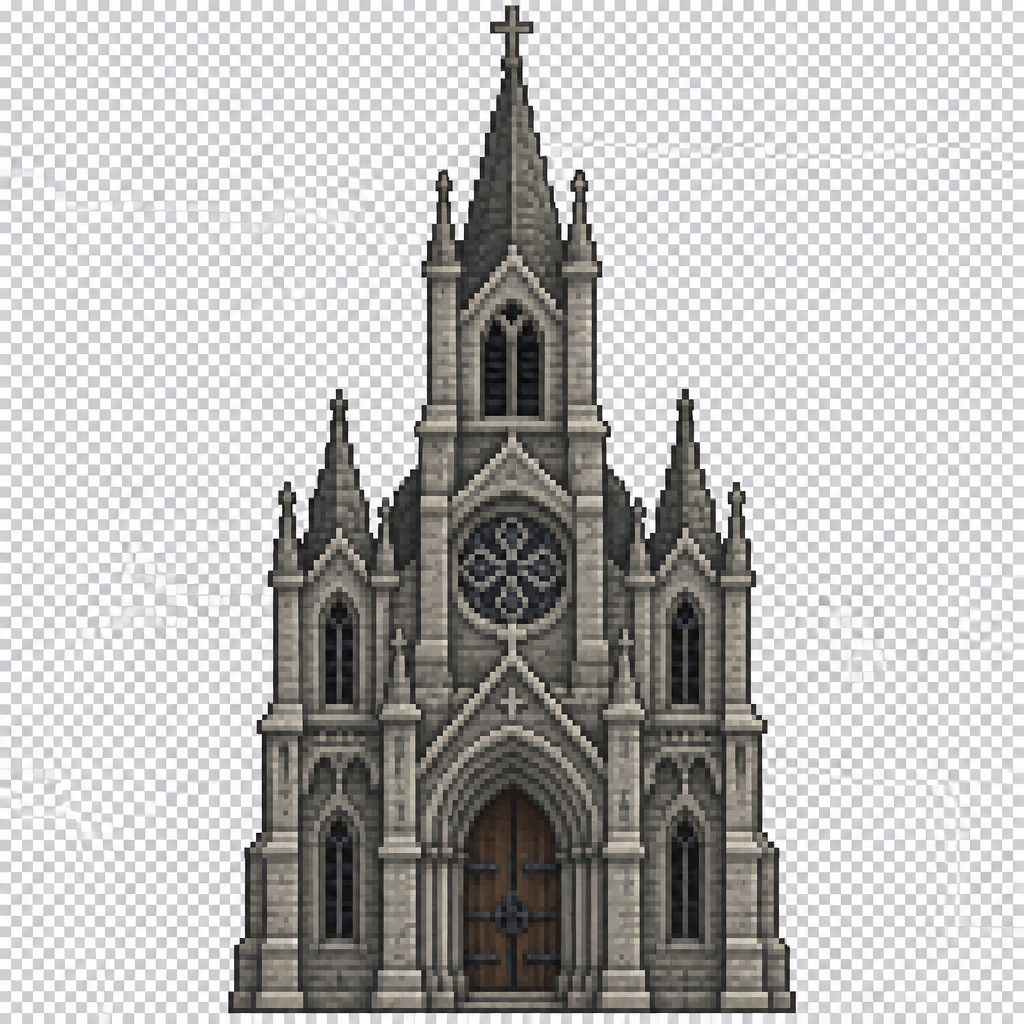 Can you generate me a fantasy style medieval 64x64 pixeled church style building in a front view on a completely transparent background. I want the building to be fully stone and be tall and have and old church look