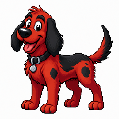 Red and black cartoon dog, full body, white background