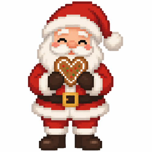 Santa holding a heart shaped cookie. Plain background