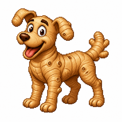 Cartoon ginger root dog, full body, white background