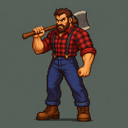 Could you make me a lumberjack with a red checkered shirt, blue pants and suspenders, sleeve up, brown boots, a realistic lumberjack axe not too much detail quite simplistic background without texture and that he holds his axe with his right hand poses on his shoulder axe head behind the lumberjack's head it’s more angry and he look like That he coming From a fighting video game 