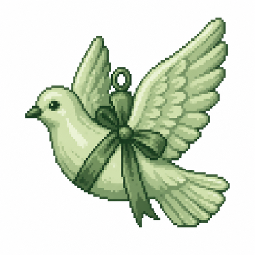 A porcelain dove ornament with sculpted feathers and a ribbon tied around its body. White background 