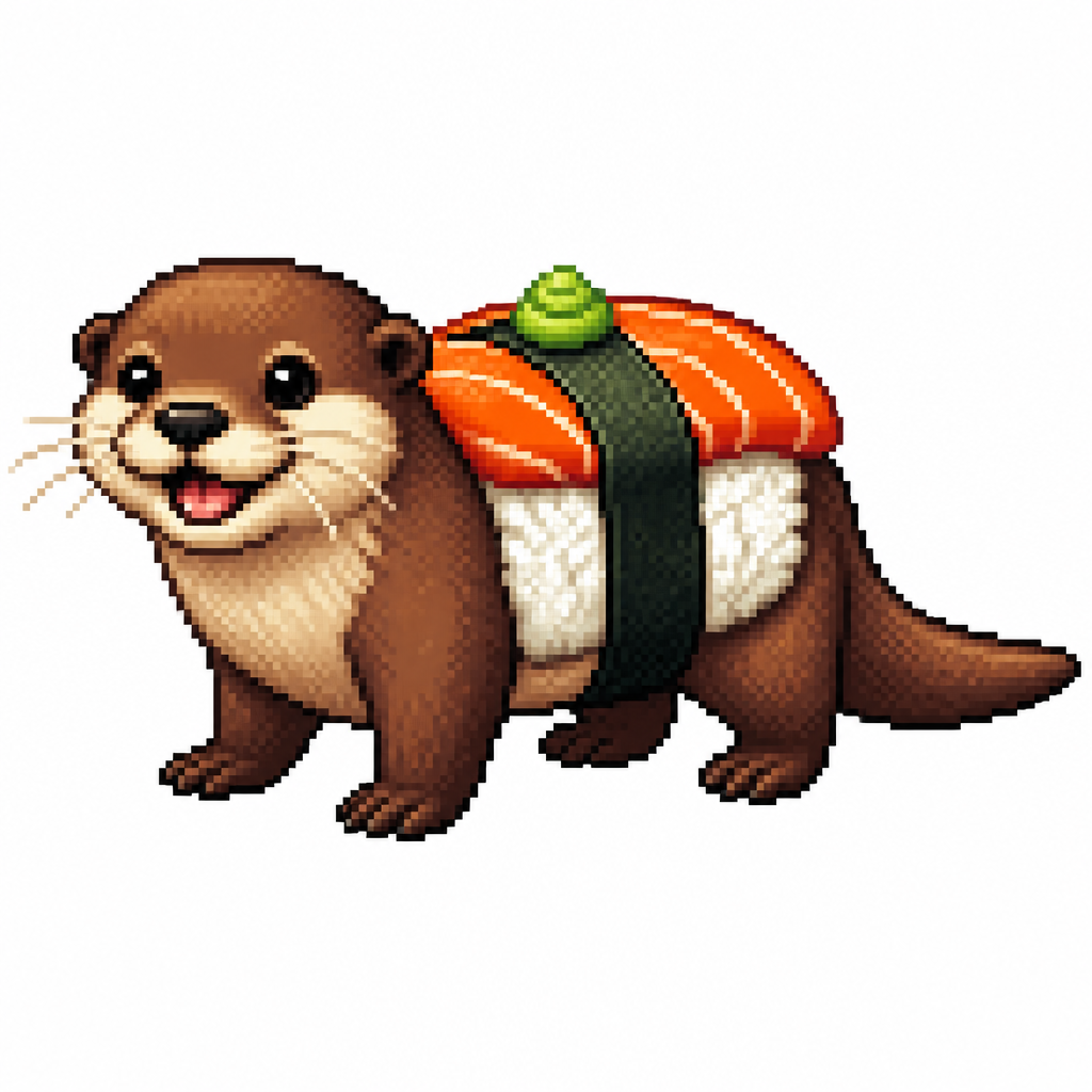 Cartoon sushi otter (quadruped), full body, white background