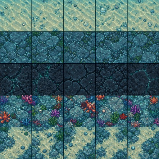 Create a pixel art underwater world floor tile set for a 2D top-down RPG game. Tile size: 64×64 pixels. Seamless repeating tiles. Create multiple variations of underwater floor textures arranged on one sprite sheet.

Style: detailed clean pixel art, fantasy underwater environment. Top-down view. No objects, no characters, no creatures. Only ground textures.

Create these floor tile variations:

1. Sandy ocean floor:

* Soft underwater sand texture.
* Fine grain details.
* Small natural color variations.
* Occasional tiny shells and subtle marks.
* Calm beach-like seabed.

2. Rocky ocean floor:

* Uneven stone surface.
* Small rocks and cracks.
* Natural underwater stone texture.
* Ancient ocean ruins feeling.

3. Dark volcanic stone:

* Rough black rock texture.
* Small cracks and mineral details.
* Deep ocean environment style.

4. Coral stone floor:

* Stone mixed with small coral growths.
* Tiny shells and sea plants around edges.
* Colorful underwater ecosystem style.

5. Mixed sand and stone transition tile:

* Natural blend between sandy and rocky seabed.

Requirements:

* Each tile exactly 64×64 pixels.
* Perfectly seamless edges for level building.
* Strict top-down view.
* Consistent lighting direction.
* Pixel-perfect game asset.
* Transparent background is not needed (full tile texture).
* No text, no borders, no UI, no characters.

Underwater fantasy RPG environment tile set.