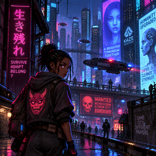 Young girl with dark skin is wandering through a dangerous futuristic metropolis 