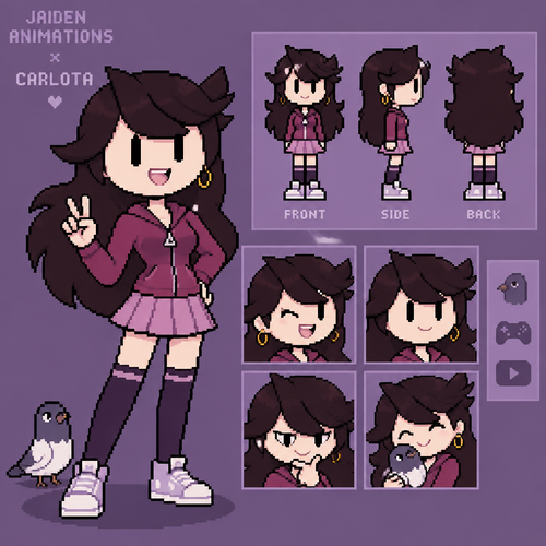 Jaiden animations, but wearing the outfit of the character Carlota from the series The Casagrandes