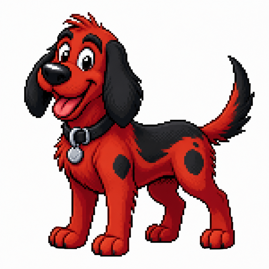 Red and black cartoon dog, full body, white background