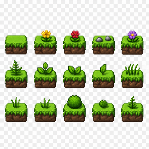 Create a 2D pixel art top down sprite sheet featuring 15 individual icons each exactly 64x64  pixels, arranged 5 horizontally and 3 vertically spaced evenly. Style: classic fantasy RPG, inspired by 16bit games, with crisp pixel art, clean outlines, subtle shading, and a cohesive color palette. Use a transparent background. Each Icon  should be centered within its 32x32 canvas and remain highly readable at small sizes. 




The 15 icons are: 




1: Grass Block
2: Grass Block with yellow Flower
3: Grass Block with red Flower
4: Grass block with 2 small stones
5: Grass Block with purple Flower
6: Grass Block with tiny fern
7: Grass Block with 3 leafs
8: grass block with 2 leafs
9: grass block with 1 leaf
10: grass block with 4 grass blades
11: grass block with 3 grass blades
12: grass block with 2 grass blades
13: grass block with small round bush
14: grass block with tiny bush
15: grass block with small fern




Requirements: 
	•	Each icon must be exactly 32x32 pixels.
  • All based off of real life variants.
   • All facing sideways so you see the side of their bodies.
	•	Output as a sprite sheet with each icon occupying its own 32x32 cell** DO NOT GO OUT PAST THESE PARAMETERs**
	•	Transparent background.
	•	No text, labels, borders, or UI elements.
	•	Consistent Fantasy RPG Aesthetic across all icons.
	•	High contrast and excellent readability for use in a game interface.
	•	Clean polished pixel art with enough detail for low resolution sprites.
	•	Avoid anti-aliasing, blurring, or painterly effects; preserve a true pixel art appearance.