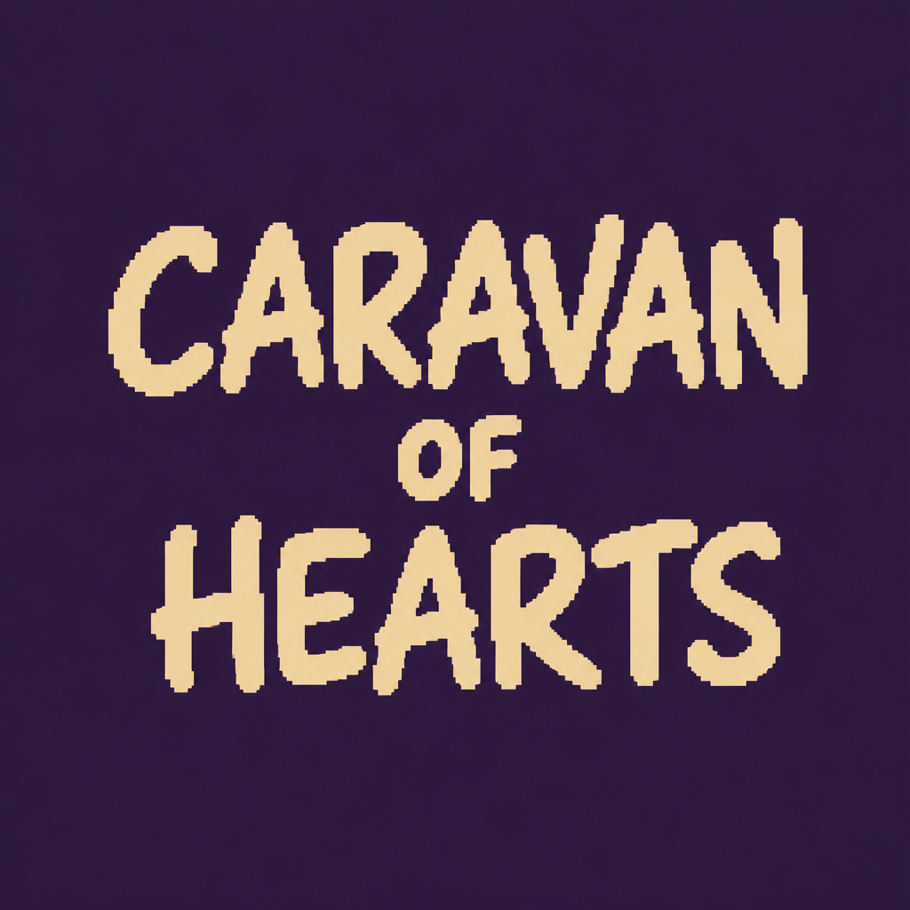 A minimalist flat logo design on a solid deep velvet purple background (hex approx #2E1A3D), matte with no gradient or texture. Centered text reads “CARAVAN” on the first line, “OF” on the second line, and “HEARTS” on the third line, stacked and center-aligned both vertically and horizontally. The lettering is hand-drawn, slightly imperfect, casual marker-style font — thick, rounded, playful strokes — in a warm sandy beige color (hex approx #E8D4B0). “CARAVAN” and “HEARTS” are the same larger size, while “OF” in the middle is noticeably smaller, matching the visual hierarchy of a logo like “MOOD / NOT / DEAD.” Even spacing between the three lines, balanced padding on all sides. No icons, borders, or decorative elements — just clean typography on a solid color field, simple flat vector logo aesthetic. 18-bit , hard pixel edges , retro game aesthetic