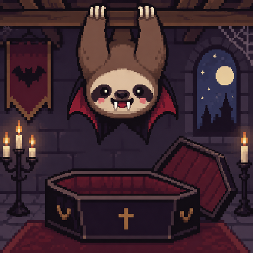Cute Kawaii vampire sloth, hanging upside down inside above a coffin