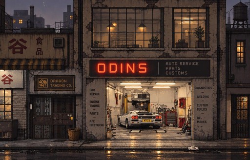 Pixel art city street with an illuminated garage, cars, storefronts, and wet pavement at night