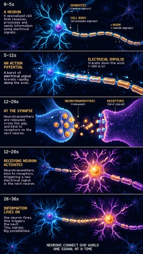 Create a captivating 30-second vertical 9:16 science animation in authentic 16-bit pixel art.

**TOPIC: What Happens When a Neuron Fires?**

Scene 1 (0–5s): Show a detailed pixel-art neuron floating in a dark microscopic environment. Its branching dendrites glow faintly cyan. Slowly reveal the cell body.

Scene 2 (5–12s): A bright electrical impulse suddenly travels along the axon as a rapidly moving wave of blue-white pixels. Show the signal moving sequentially, with precise timing and luminous pixel trails.

Scene 3 (12–20s): Zoom into the synapse. Tiny glowing neurotransmitter particles are released, cross the narrow gap, and bind to receptors on the neighboring neuron. Every particle movement must be visible and satisfying.

Scene 4 (20–26s): The receiving neuron activates, producing a spectacular wave of glowing pixels spreading through its branches.

Scene 5 (26–30s): Pull back to reveal both connected neurons, with the signal traveling between them once more. End on a visually striking frame.

VISUAL STYLE: Genuine retro 16-bit pixel art, crisp square pixels, consistent pixel size, carefully designed sprites, limited cyan, electric blue, amber and violet palette, deep black background, high contrast, detailed microscopic atmosphere, smooth frame-by-frame animation, elegant lighting created from pixel clusters.

MOTION: Continuous purposeful movement, perfectly readable cause-and-effect, no static slideshow, no random morphing, no flickering objects, no inconsistent sprite designs.

AUDIO: Subtle futuristic science sound effects synchronized with the electrical impulse and neurotransmitter movement. Add clear, concise English educational narration if supported.

QUALITY: Professional science explainer, visually satisfying, scientifically plausible, clean composition, no photorealism, no 3D CGI, no watermarks, no unnecessary text, no misspelled labels.