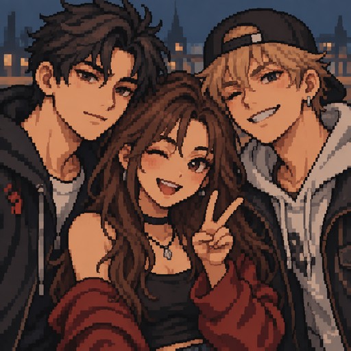create 3 people in a trio pose, 64x64 pixels, 2 guys and 1 girl,