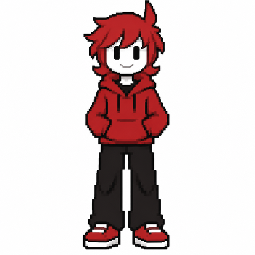 Jaiden animations but with the clothes and hair of the character original character red boy, full body front perspective